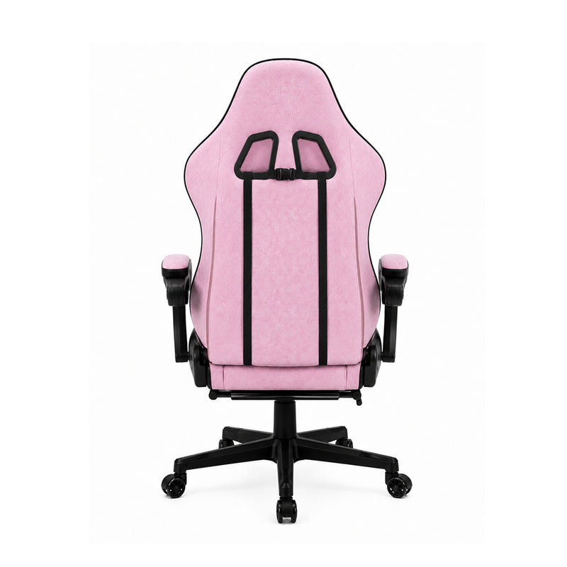 Silla gamer ergonómica Dowinx LS6650F en color gris rosado con tela suave, reposapiés, cojín masajeador e inclinación de 140 grados - Laptop Express Caracas
