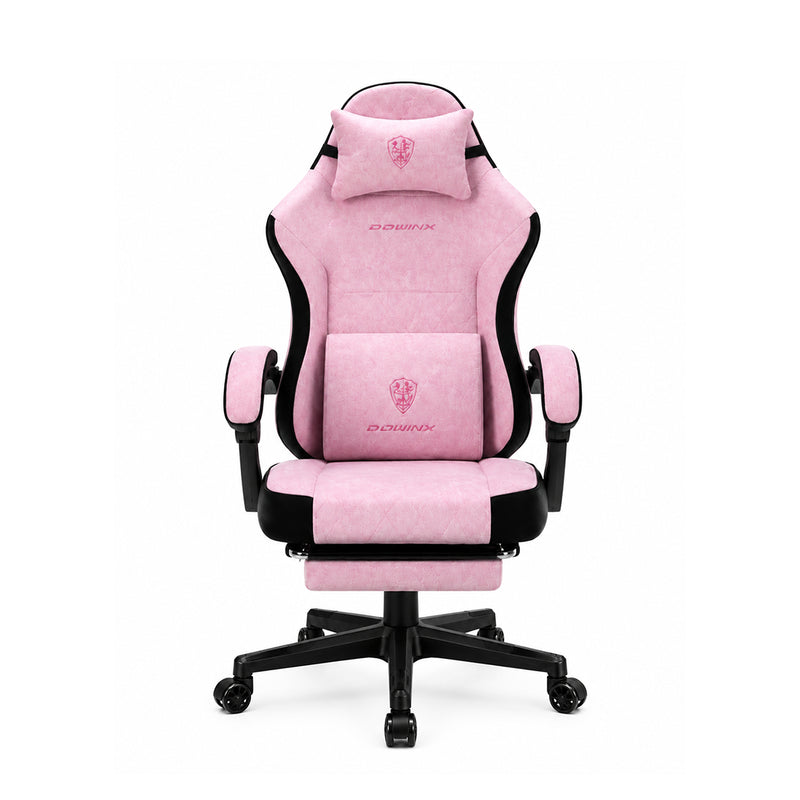 Silla gamer ergonómica Dowinx LS6650F en color gris rosado con tela suave, reposapiés, cojín masajeador e inclinación de 140 grados - Laptop Express Caracas