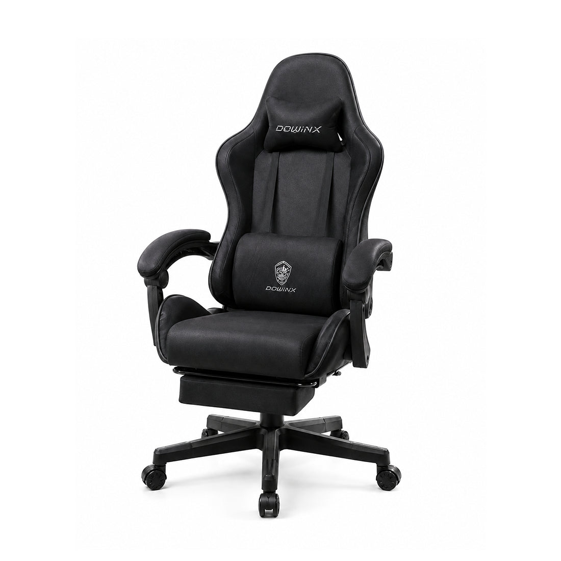 Silla gamer ergonómica Dowinx LS6658BK negra de tela afelpada transpirable con reposapiés, cojín masajeador e inclinación de 140 grados - Laptop Express Caracas