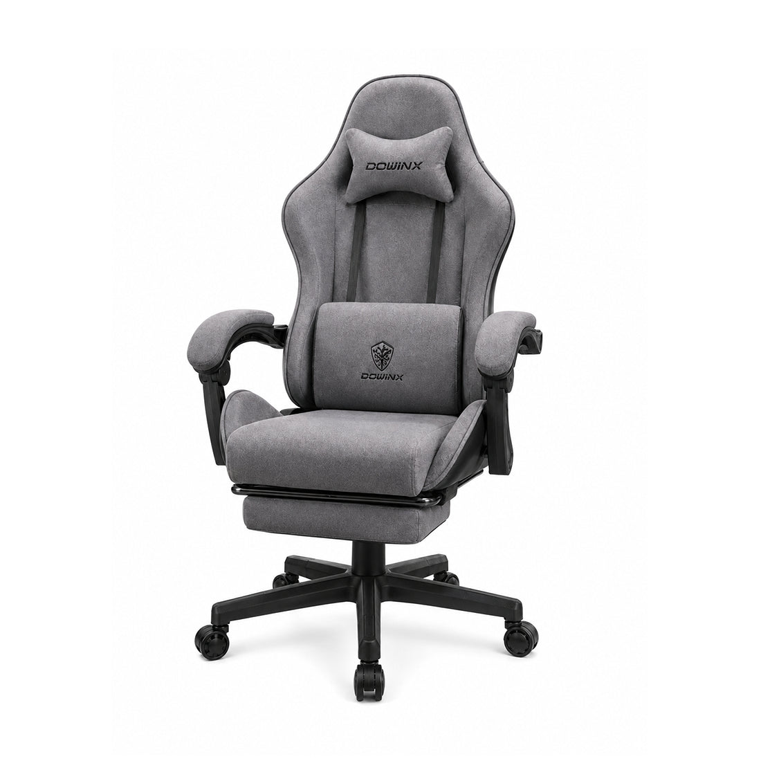 Silla gamer ergonómica Dowinx LS6658GR gris de tela afelpada transpirable con reposapiés, cojín masajeador e inclinación de 140 grados - Laptop Express Caracas