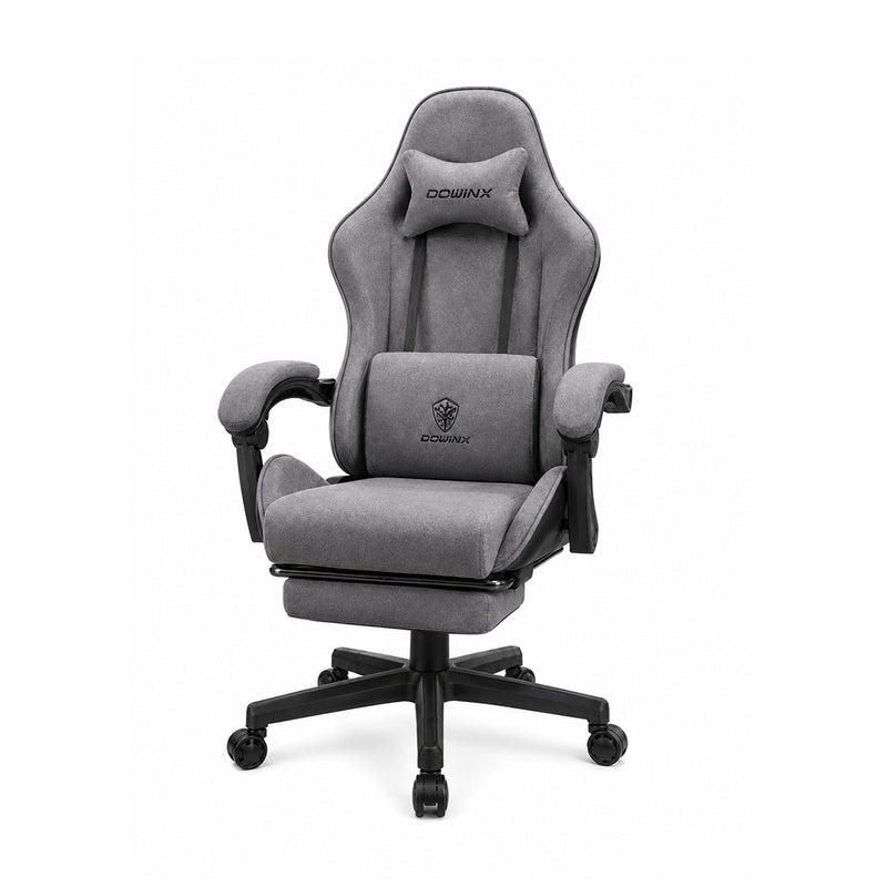 Silla gamer ergonómica Dowinx LS6658GR gris de tela afelpada transpirable con reposapiés, cojín masajeador e inclinación de 140 grados - Laptop Express Caracas