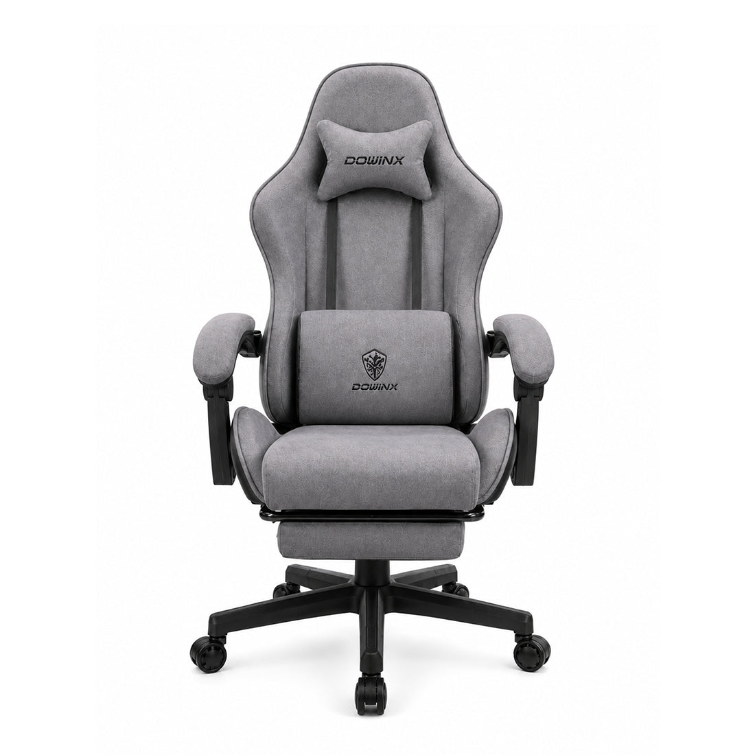 Silla gamer ergonómica Dowinx LS6658GR gris de tela afelpada transpirable con reposapiés, cojín masajeador e inclinación de 140 grados - Laptop Express Caracas