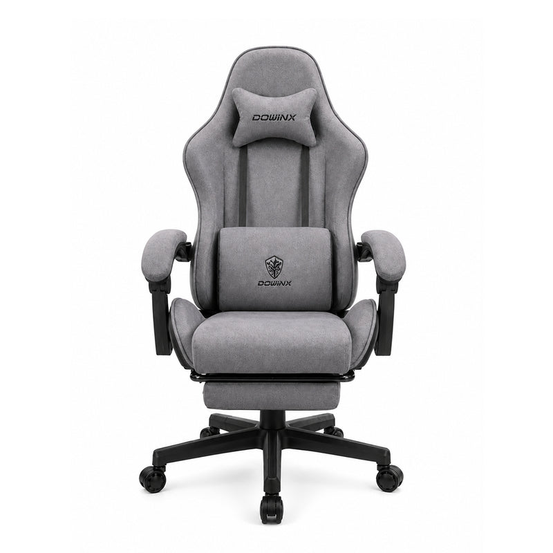 Silla gamer ergonómica Dowinx LS6658GR gris de tela afelpada transpirable con reposapiés, cojín masajeador e inclinación de 140 grados - Laptop Express Caracas