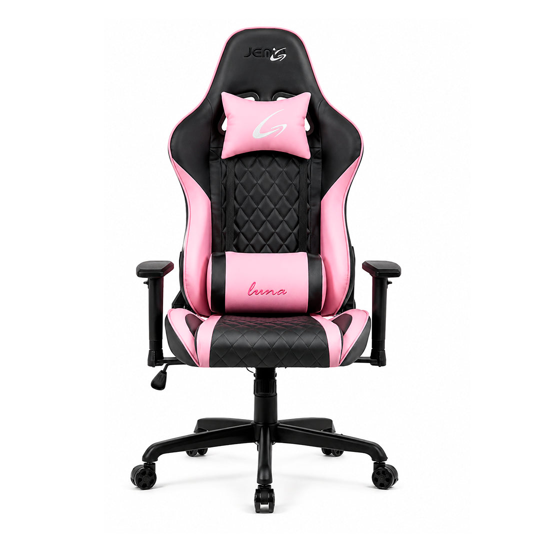 Silla gaming ergonómica JEMIP Luna en color negro y rosado con mecanismo de mariposa y reposabrazos acolchados - Laptop Express Caracas