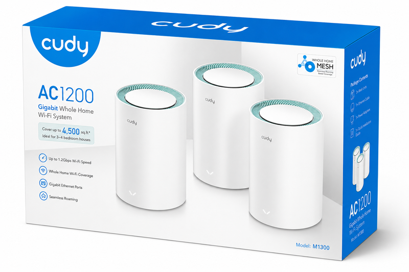Sistema Mesh WiFi Cudy M1300 blanco de 3 unidades con puertos Gigabit para cobertura total de internet en hogares y oficinas - Laptop Express Caracas
