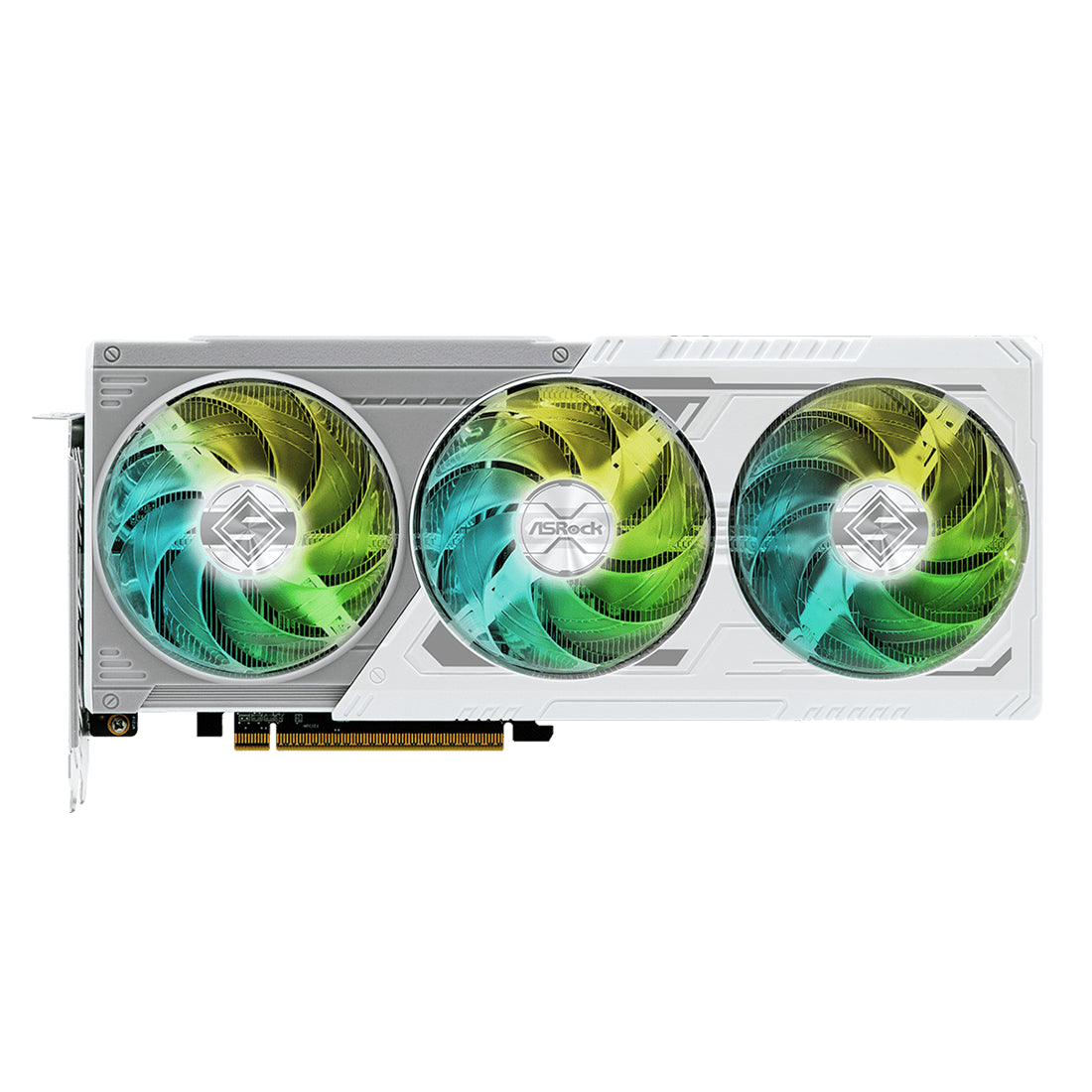Tarjeta de video de última generación ASRock AMD Radeon 9060XT Steel Legend en color blanco con 8GB de memoria VRAM GDDR7, tres ventiladores con iluminación RGB y backplate metálico - Laptop Express Caracas