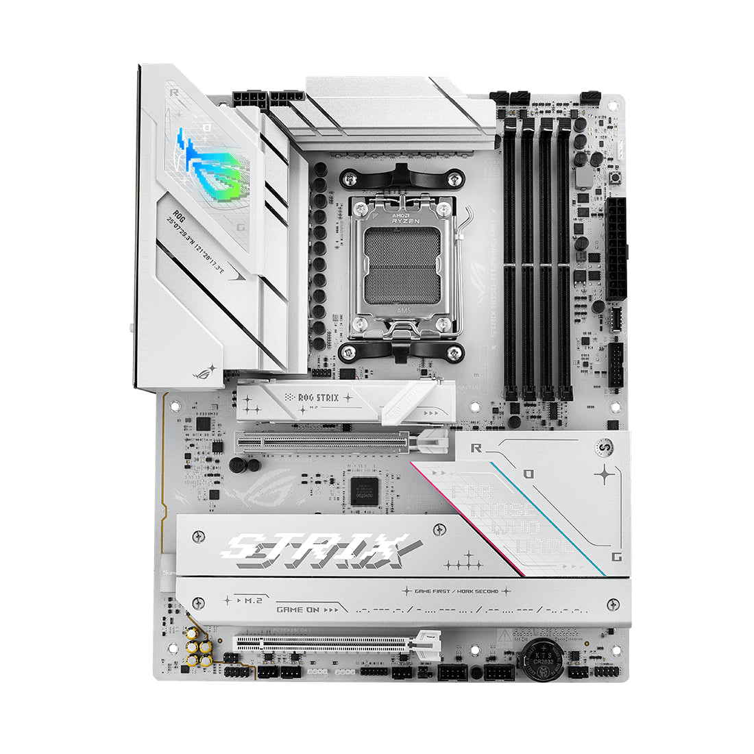 Tarjeta madre blanca ASUS ROG Strix B850-A Gaming WiFi formato ATX con socket AM5, soporte DDR5, PCIe 5.0 y Wi-Fi 7 - Laptop Express Caracas