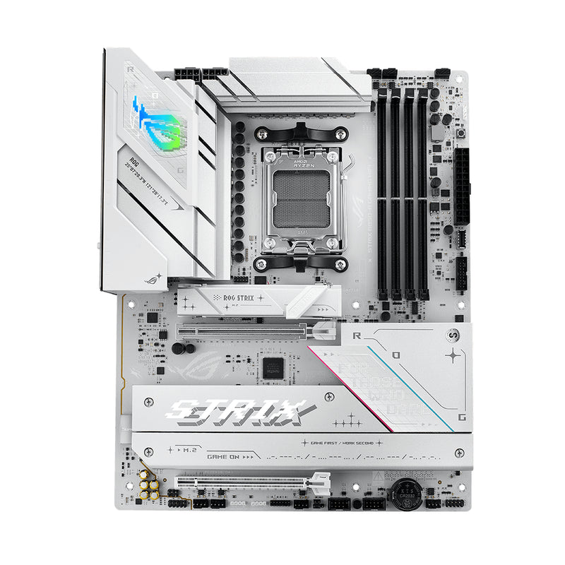 Tarjeta madre blanca ASUS ROG Strix B850-A Gaming WiFi formato ATX con socket AM5, soporte DDR5, PCIe 5.0 y Wi-Fi 7 - Laptop Express Caracas