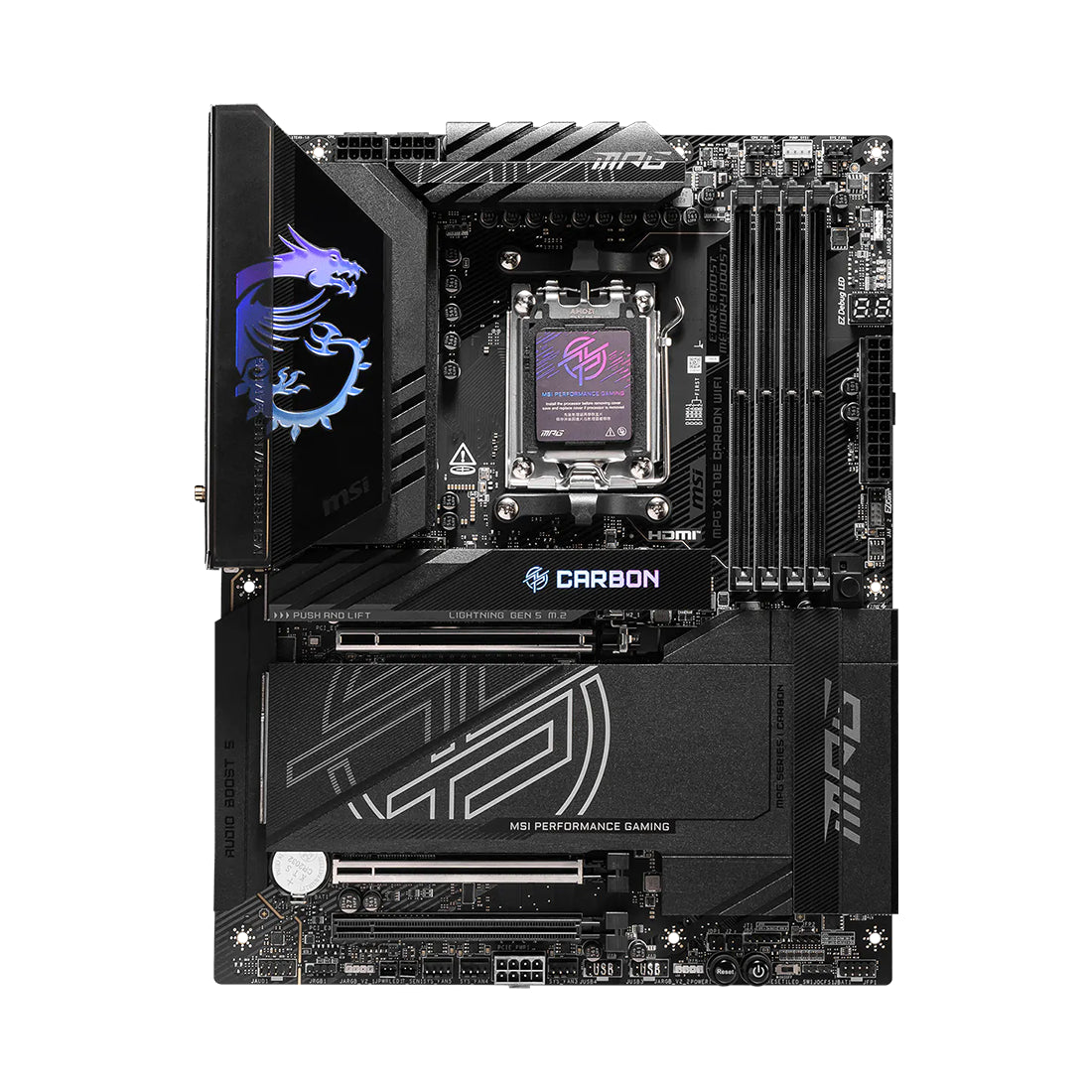 Tarjeta madre MSI MPG X870E CARBON WIFI formato ATX con socket AM5, soporte DDR5, PCIe 5.0, USB4 y Wi-Fi 7 - Laptop Express Caracas