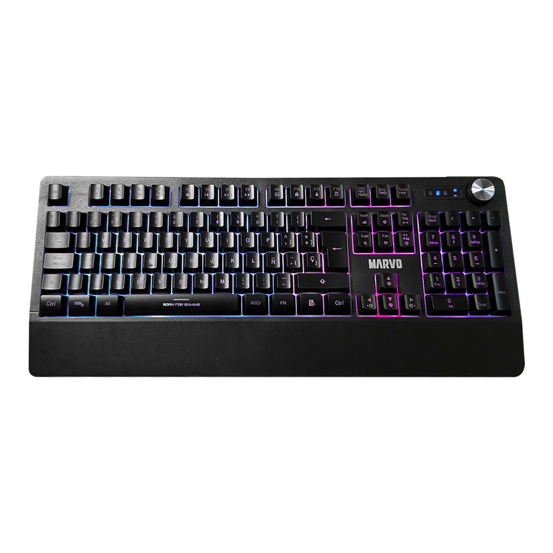 Teclado gamer Marvo K660SP en color negro con distribución en español, perilla giratoria de volumen multimedia, reposamuñecas integrado e iluminación RGB Rainbow - Laptop Express Caracas