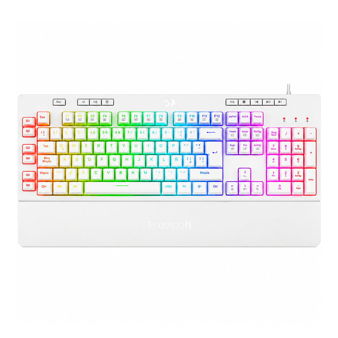 Teclado gamer de membrana Redragon Shiva K512 en color blanco con iluminación RGB, teclas macro dedicadas y reposamuñecas - Laptop Express Caracas