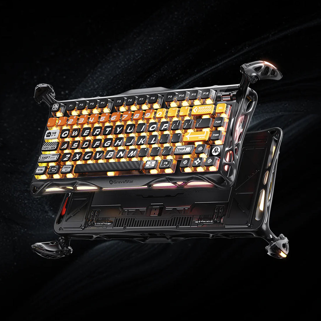 Teclado mecánico GravaStar Mercury K1 Pro edición Cyberflare color naranja fabricado en aleación de magnesio con triple conexión - Laptop Express Caracas