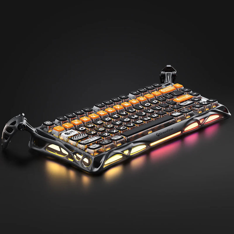 Teclado mecánico GravaStar Mercury K1 Pro edición Cyberflare color naranja fabricado en aleación de magnesio con triple conexión - Laptop Express Caracas