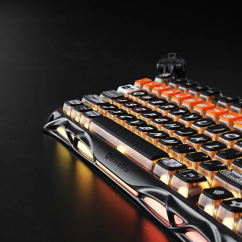 Teclado mecánico GravaStar Mercury K1 Pro edición Cyberflare color naranja fabricado en aleación de magnesio con triple conexión - Laptop Express Caracas