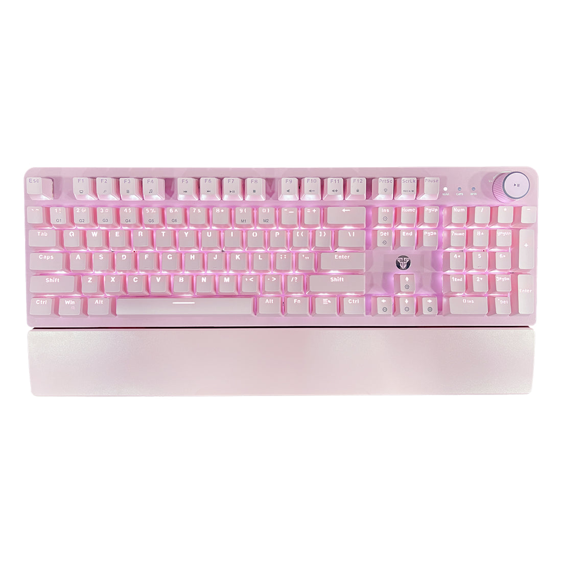 Teclado mecánico Fantech Max Power MK853 V2 en color rosado y blanco con switches rojos lineales, perilla multimedia e iluminación RGB - Laptop Express Caracas