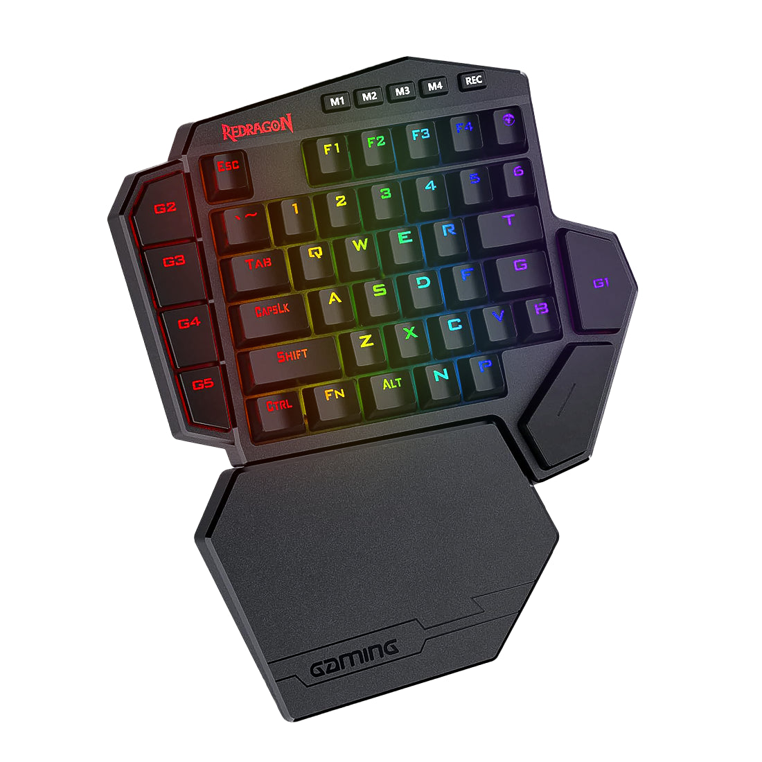 Teclado mecánico de una sola mano Redragon Diti K585-RGB en color negro con switches marrones, teclas macro y reposamuñecas - Laptop Express Caracas