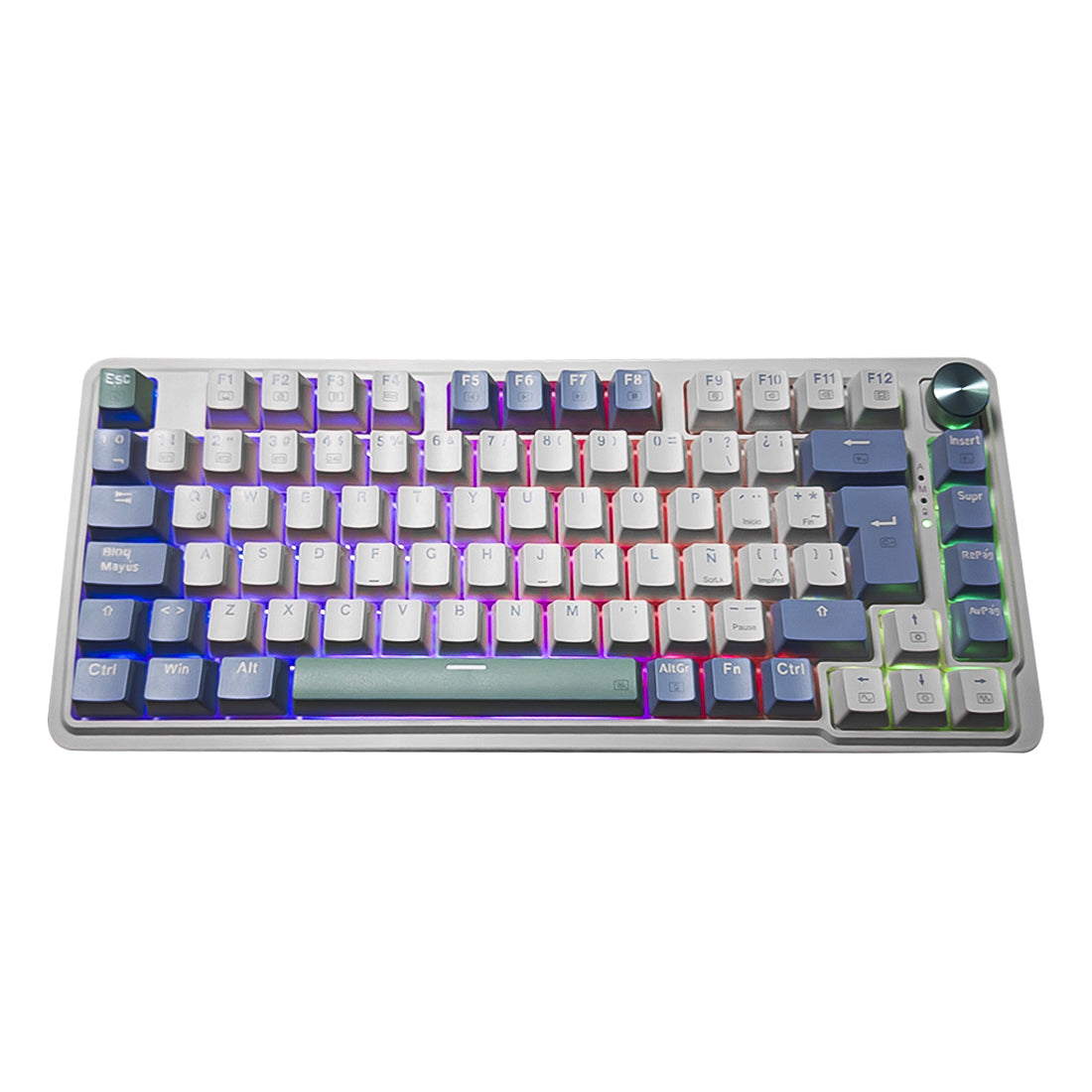 Teclado mecánico inalámbrico Redragon Ucal Pro K673 en color morado y verde con switches rojo crema, distribución en español, perilla multimedia e iluminación RGB - Laptop Express Caracas