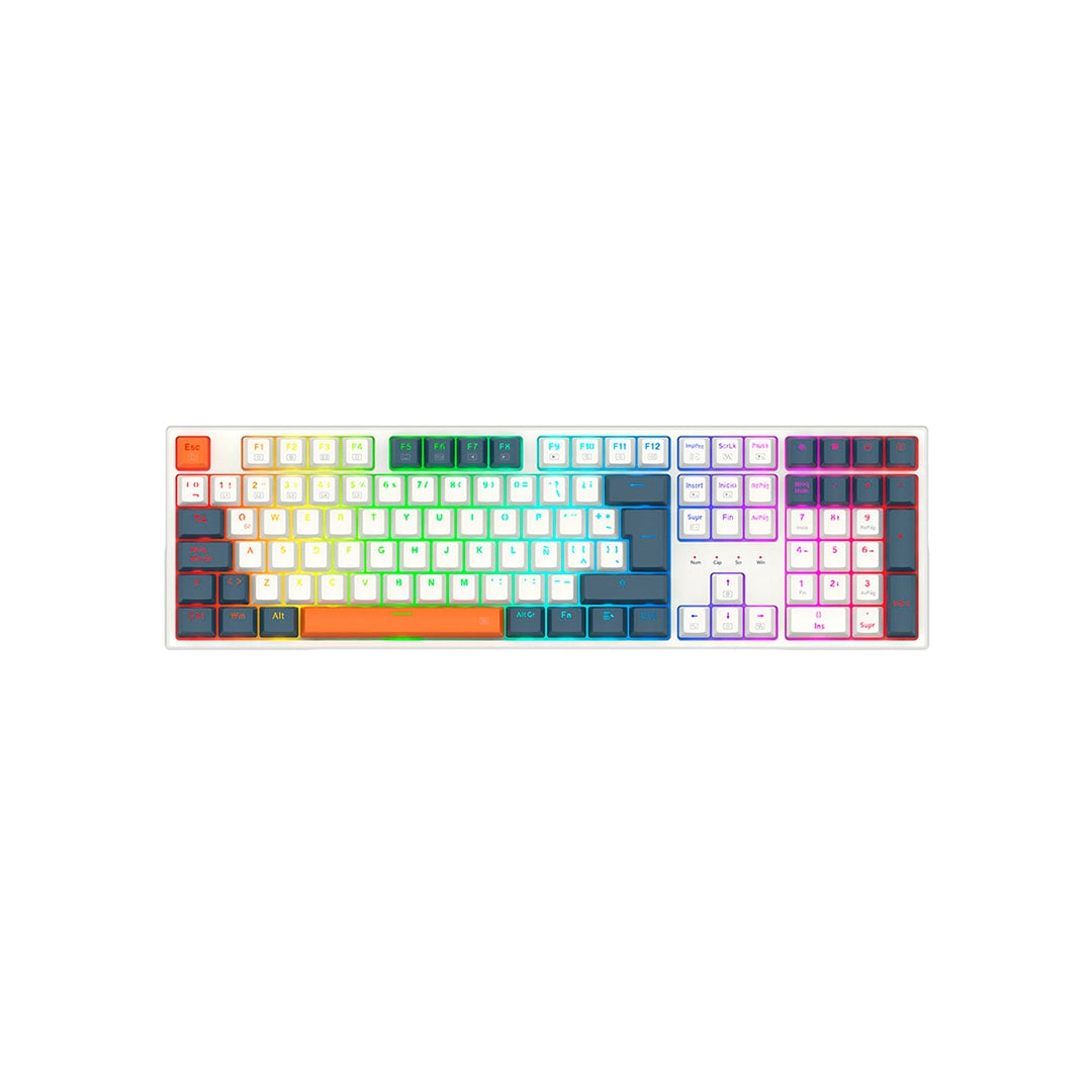 Teclado mecánico Redragon Trundle K668WBO con switches rojos, diseño tricolor y retroiluminación RGB - Laptop Express Caracas